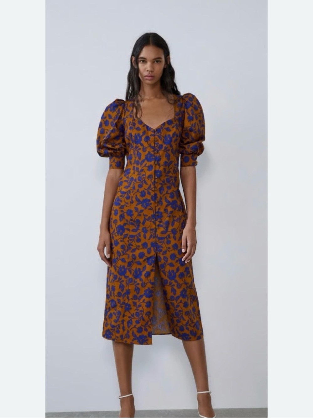 Zara Brown Midi Dress with Blue Floral Print